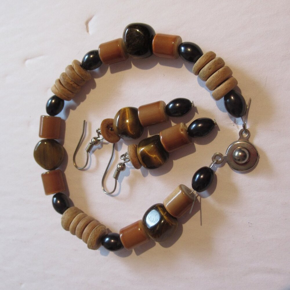 Boho Hippie, Tiger's eye & bead bracelet, earrings, set. Brown, Vintage,